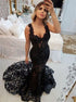 Black Lace V Neck Mermaid Prom Dresses LBQ2562